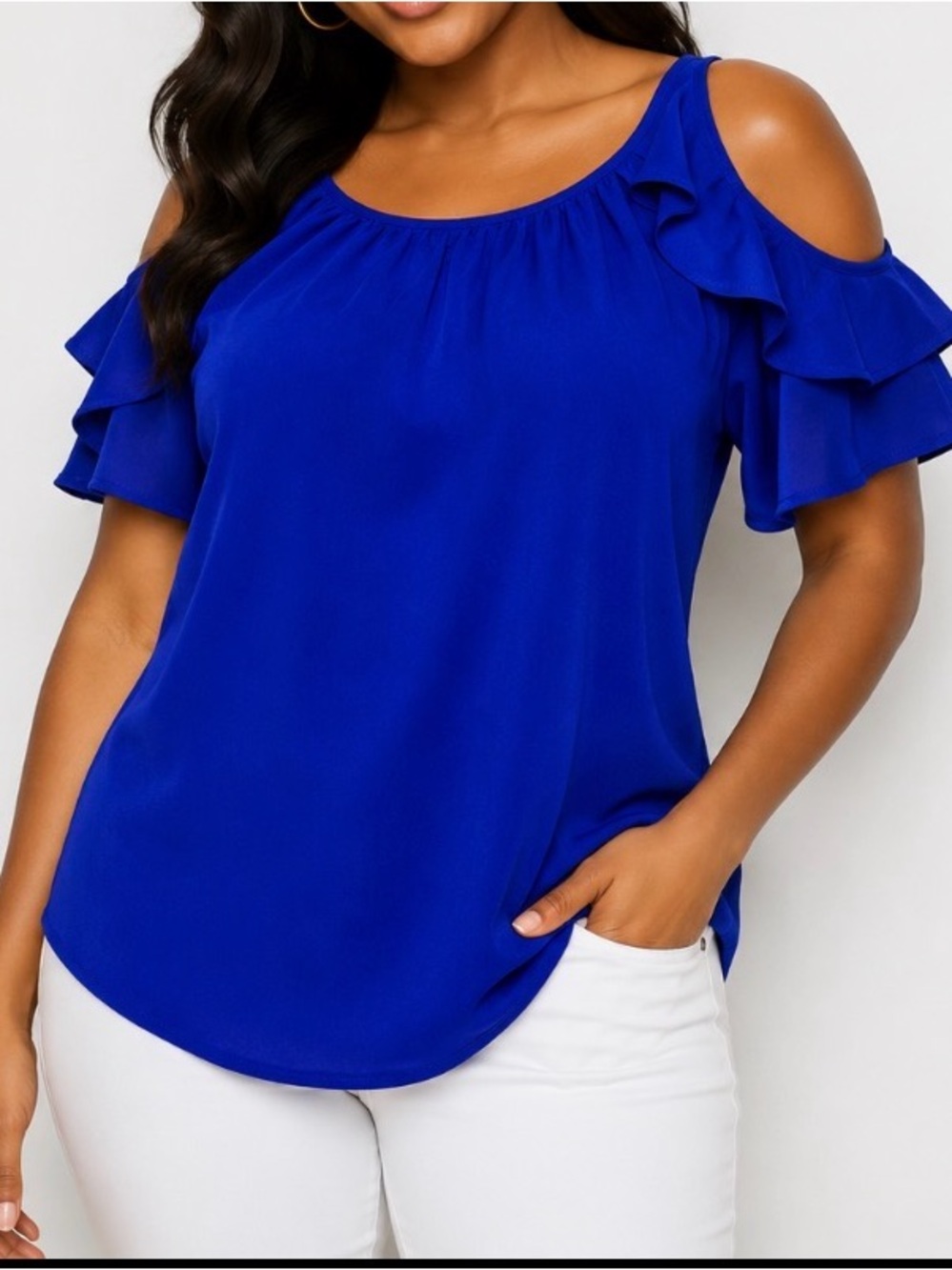 New York & Company Royal Blue Cold-Shoulder Ruffle Top